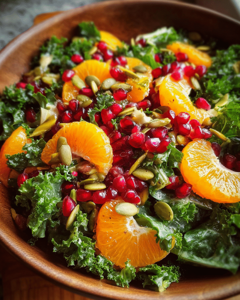 citrus pomegranate kale salad overhead view