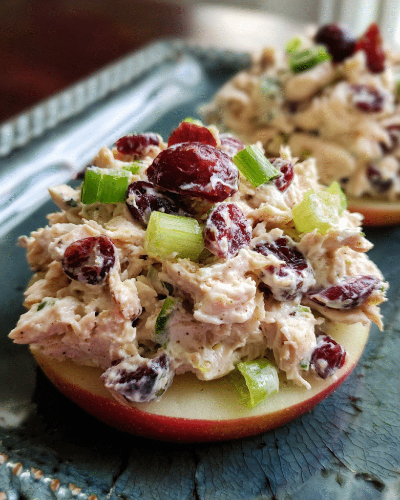Cranberry tuna salad bites on apple slices