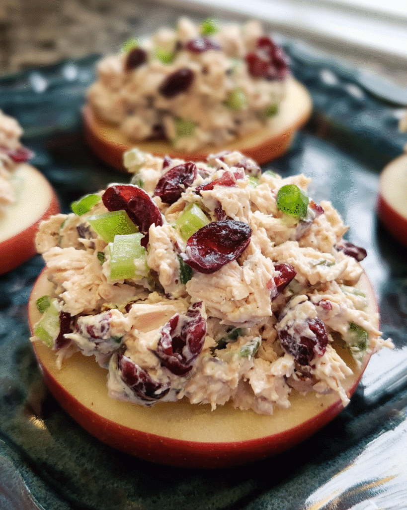 Cranberry tuna salad bites on apple slices