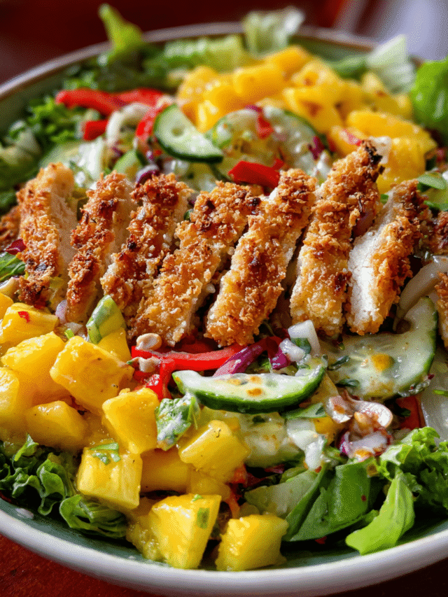Cashew Chicken Salad in ceramic bowl with tropical ingredients