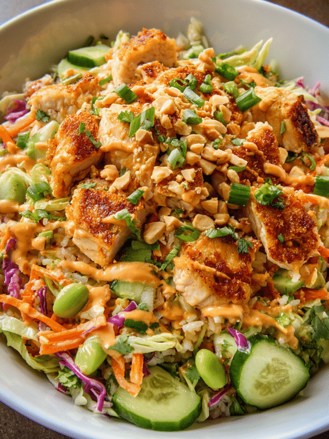 Chicken satay crispy rice salad bowl with fresh toppings