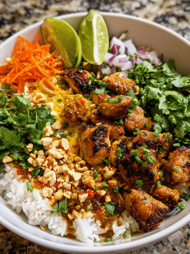Chicken Satay Spring Roll Bowl with skewers and veggies