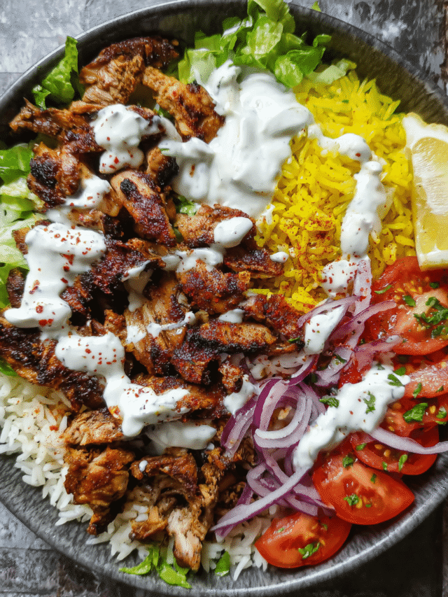 Chicken shawarma bowl served fresh with toppings