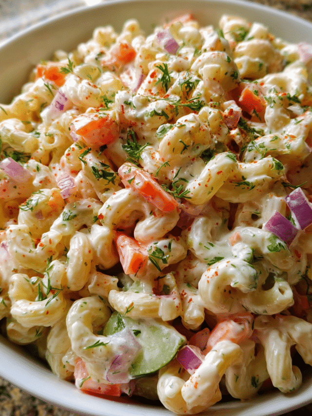 Cold macaroni salad in wooden bowl on picnic table