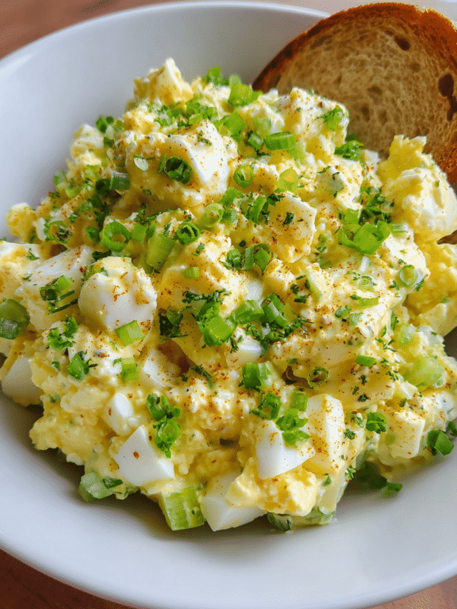 Cottage cheese egg salad in rustic bowl