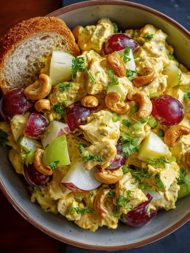 Curried chicken salad in rustic bowl with fresh ingredients