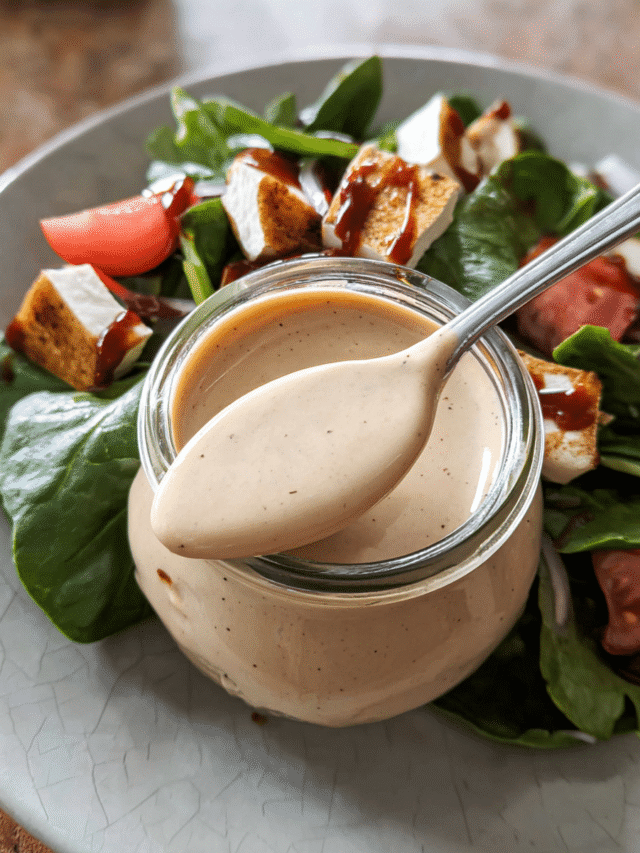 Creamy balsamic dressing in a jar with ingredients