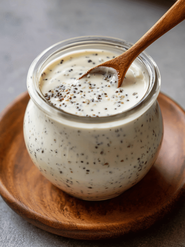 Creamy poppy seed dressing in a jar with salad