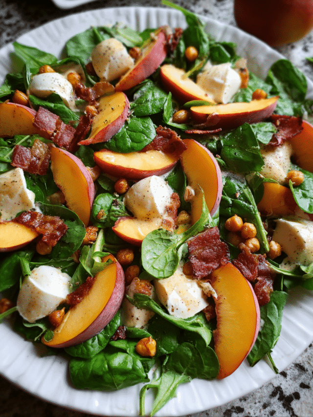 Fresh peach mozzarella and crispy prosciutto salad in a rustic bowl