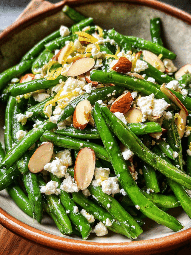 Green Bean Salad with Feta in rustic bowl