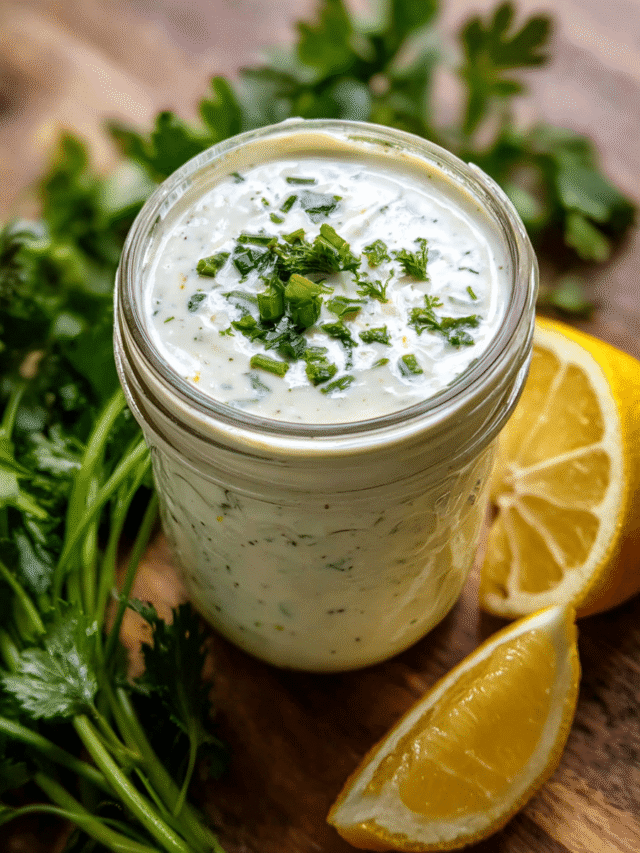Healthy ranch dressing jar with fresh herbs