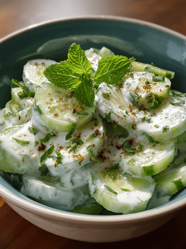 Indian cucumber yogurt salad in a ceramic bowl