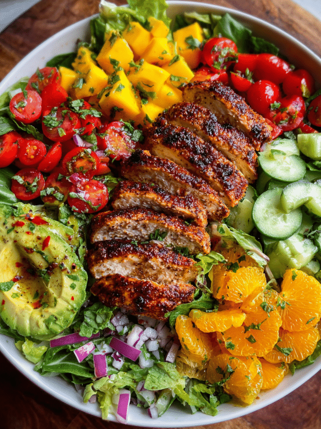 Mango salad with grilled chicken, avocado, and fresh greens