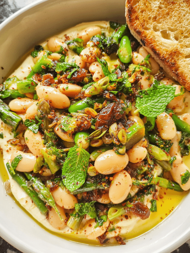 Mediterranean white bean salad in rustic bowl