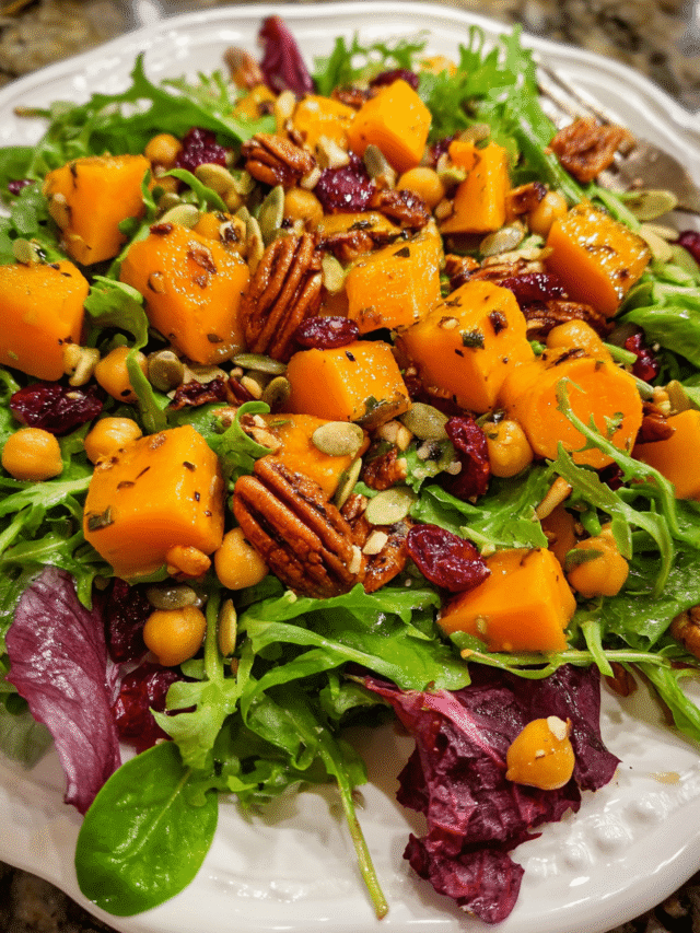 Roasted Butternut Squash Salad in rustic bowl