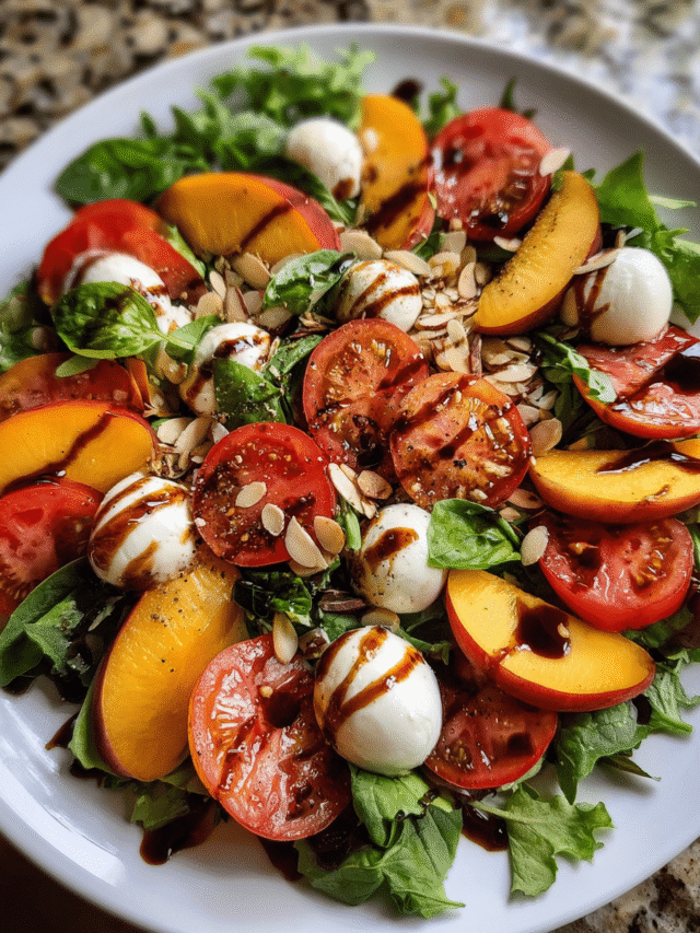 summer peach balsamic caprese salad in bowl