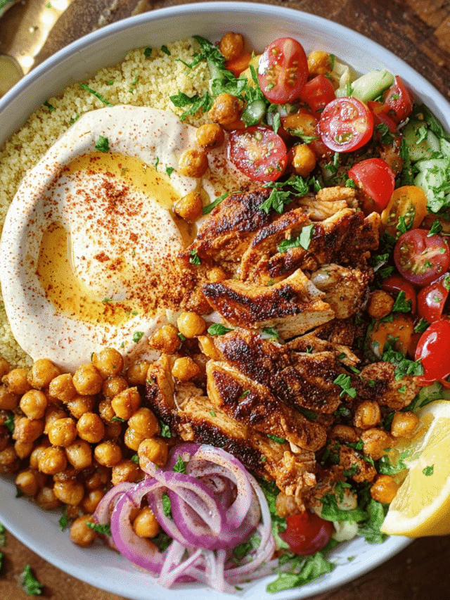 Shawarma Chicken Bowl with couscous and lemon sauce