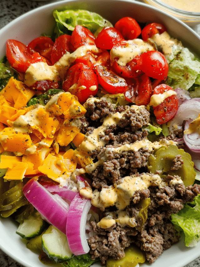 Top view of easy Cheeseburger salad in white bowl