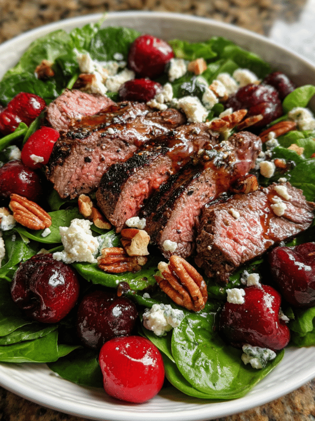 grilled steak salad with cherries in rustic bowl