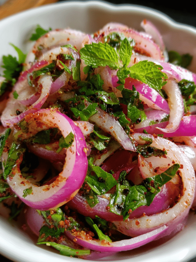 Onion salad laccha pyaz in a rustic Indian setting