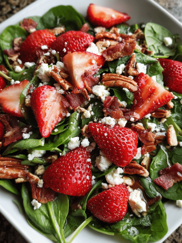 Fresh strawberry spinach salad with bacon in a bowl