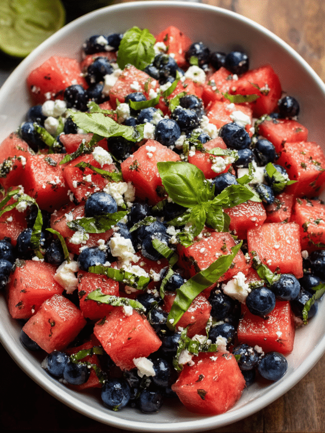 Watermelon feta salad with blueberries served fresh
