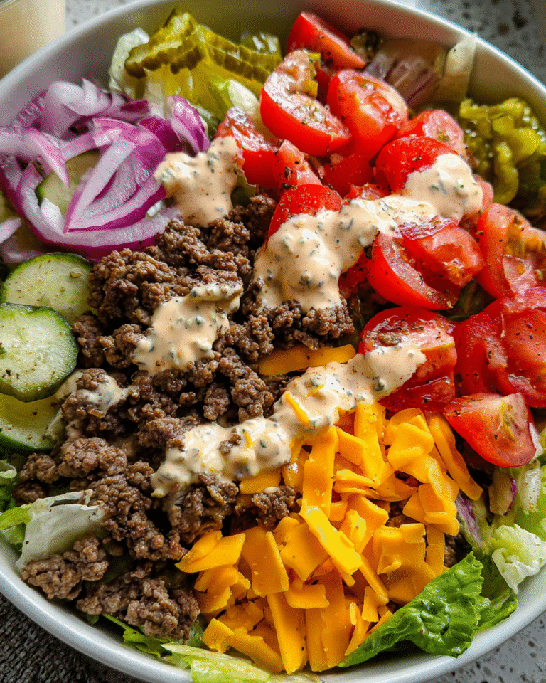 Top view of easy Cheeseburger salad in white bowl