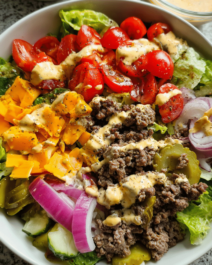 Top view of easy Cheeseburger salad in white bowl