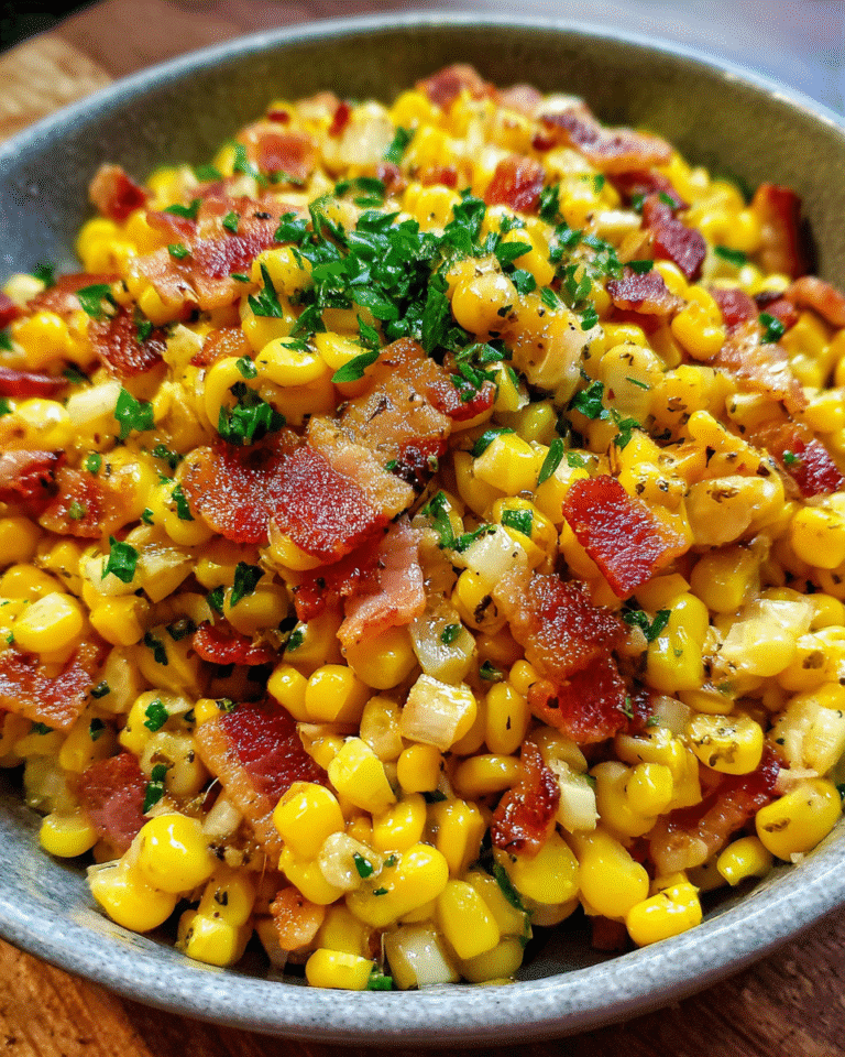 Fresh corn and bacon side dish in cast iron skillet