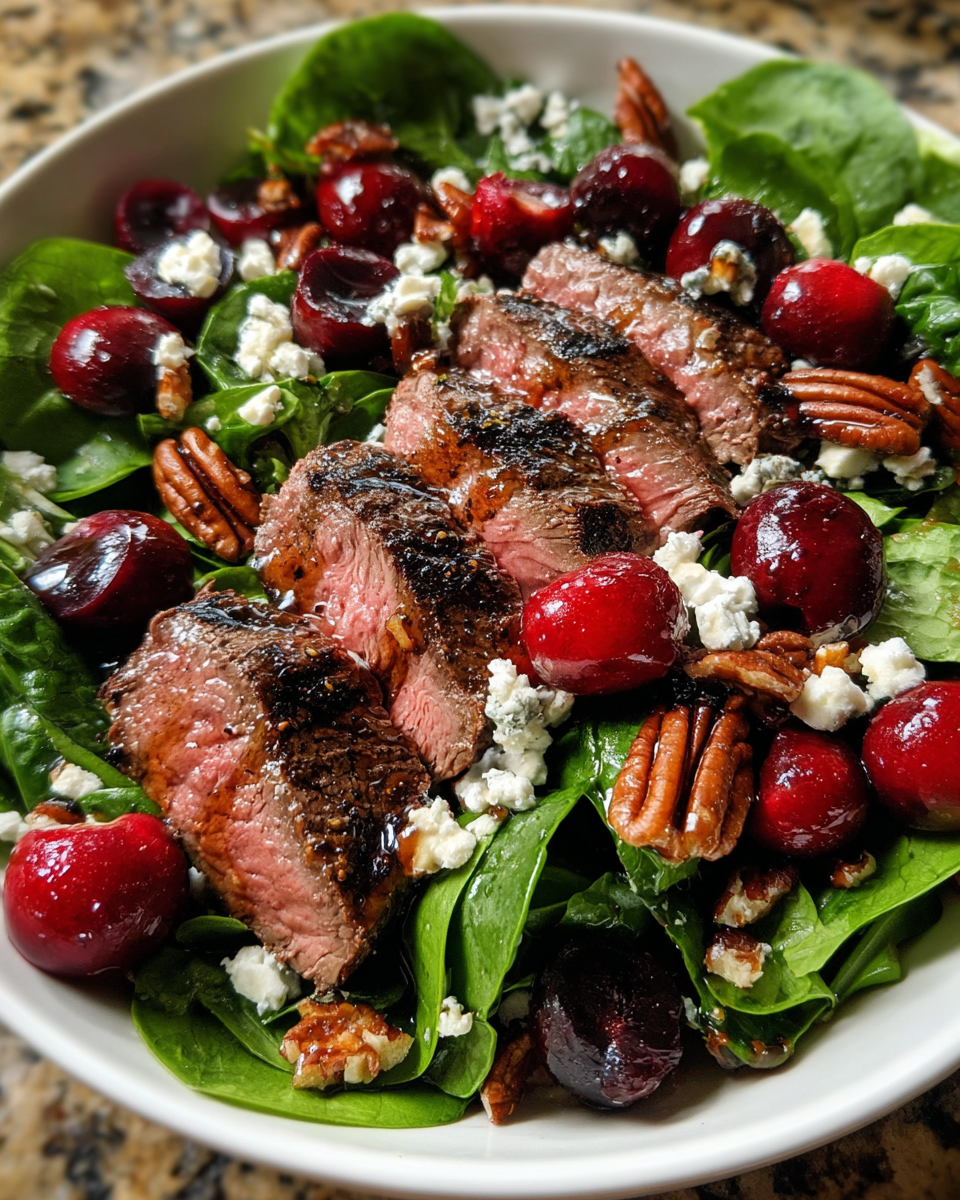 grilled steak salad with cherries in rustic bowl