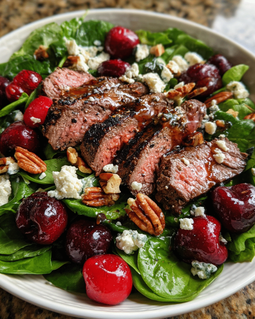 grilled steak salad with cherries in rustic bowl