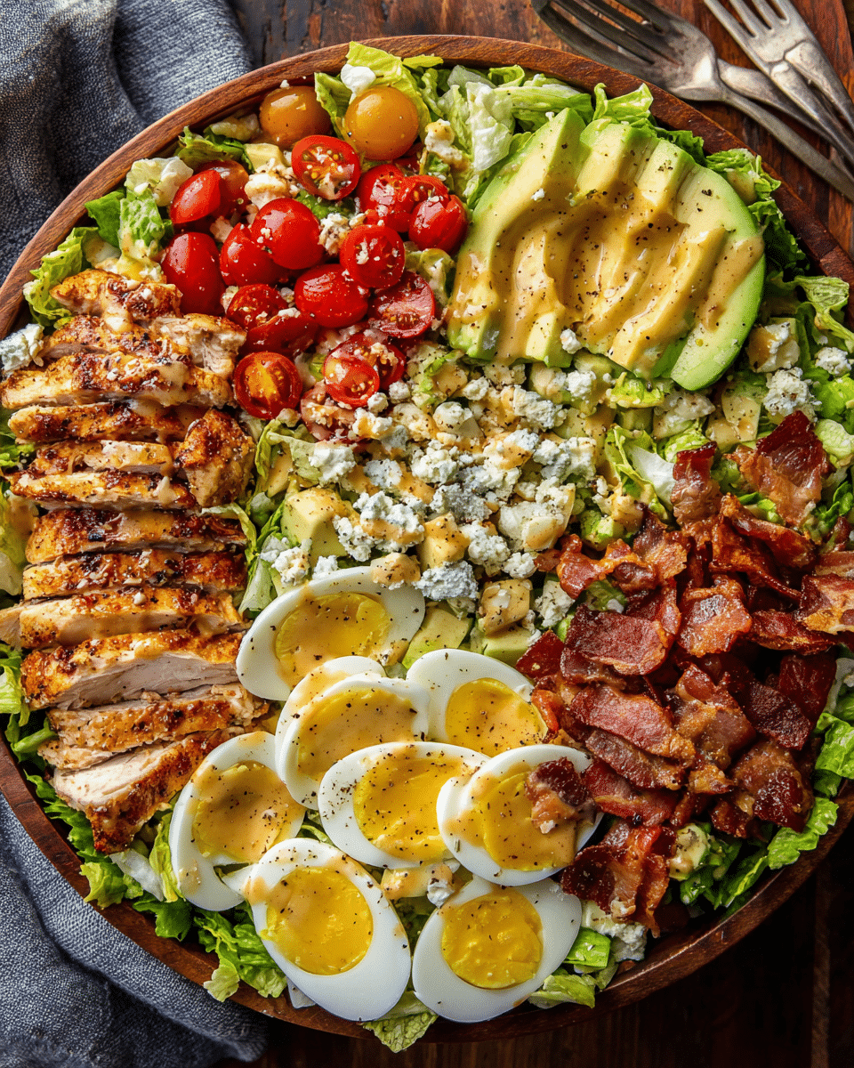 Honey mustard chicken cobb salad with vibrant toppings