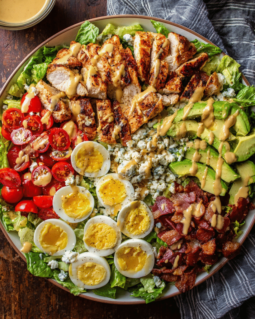 Honey mustard chicken cobb salad with vibrant toppings