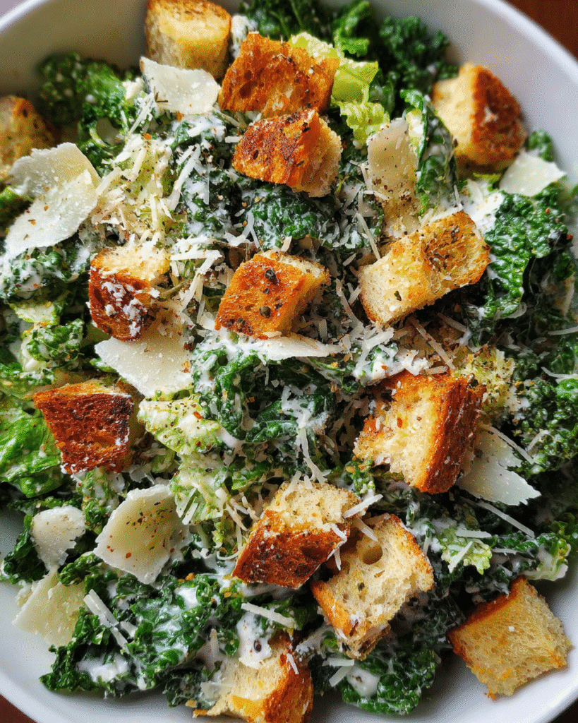 kale caesar salad in bowl with creamy dressing and croutons