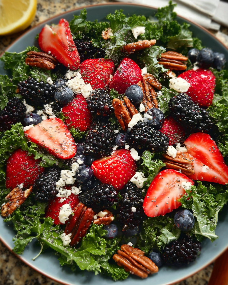 Mixed berry kale salad with lemon poppy seed dressing in white bowl
