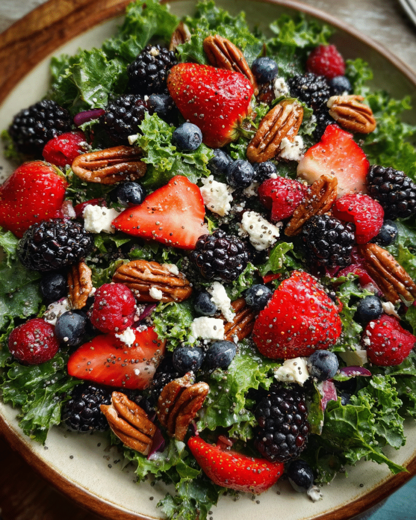 Mixed berry kale salad with lemon poppy seed dressing in white bowl