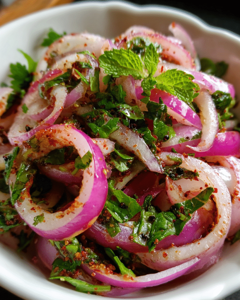 Onion salad laccha pyaz in a rustic Indian setting