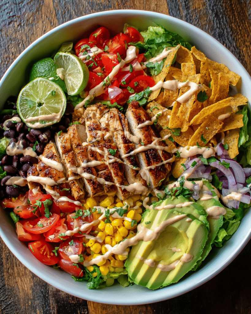 Spicy Southwest Salad with chicken and toppings