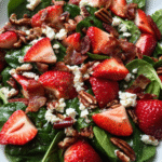 Fresh strawberry spinach salad with bacon in a bowl