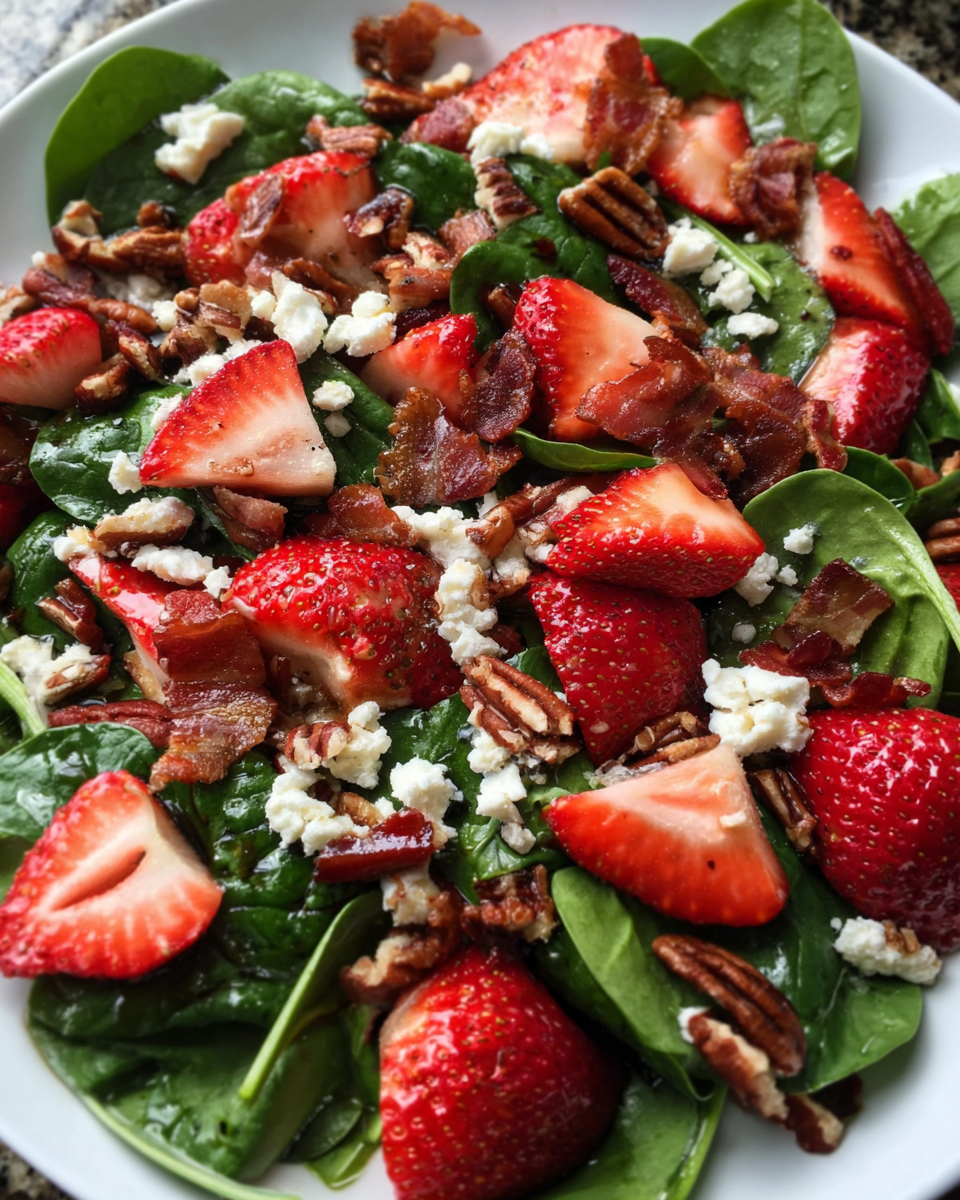 Fresh strawberry spinach salad with bacon in a bowl