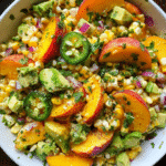 Sweet corn salad with peaches in summer bowl