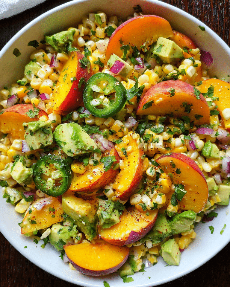 Sweet corn salad with peaches in summer bowl