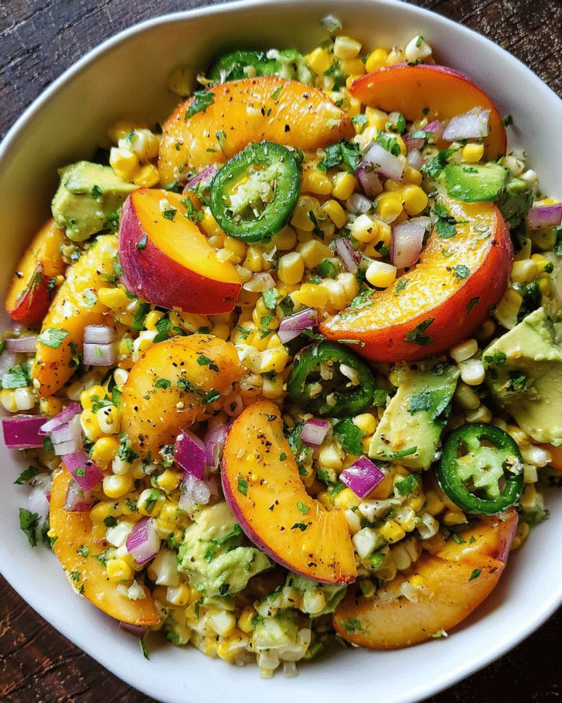 Sweet corn salad with peaches in summer bowl