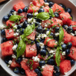 Watermelon feta salad with blueberries served fresh