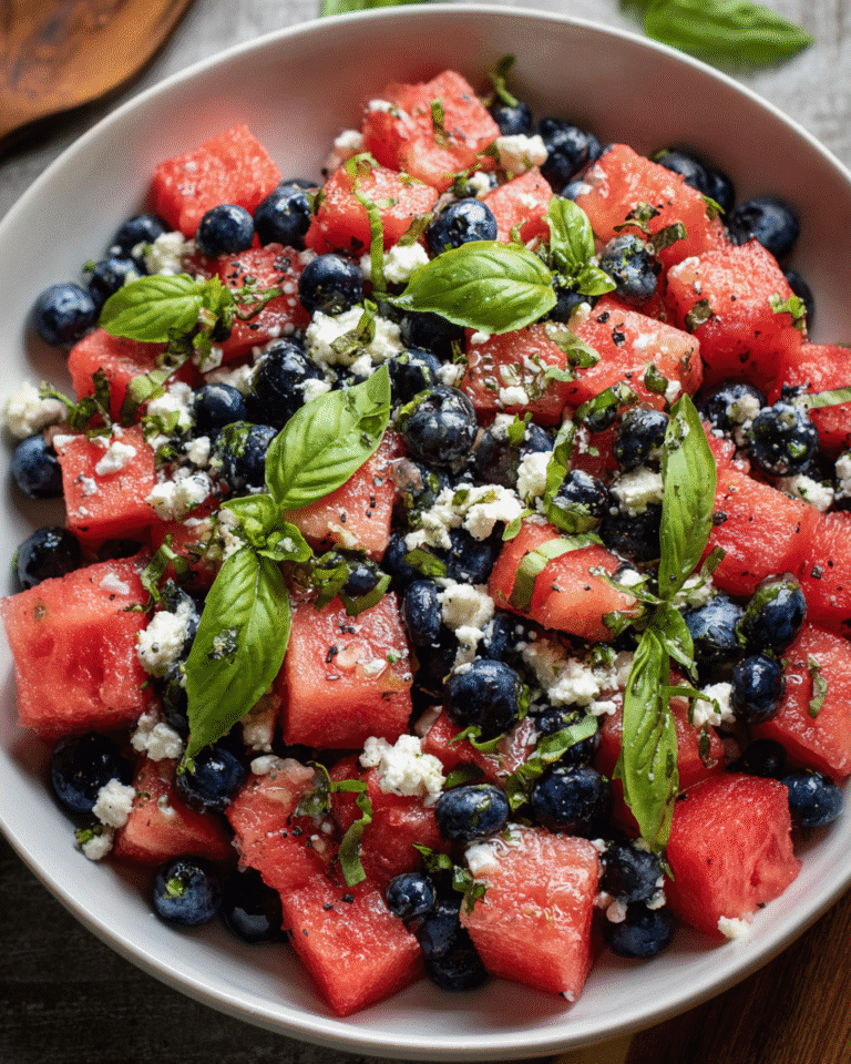 Watermelon feta salad with blueberries served fresh