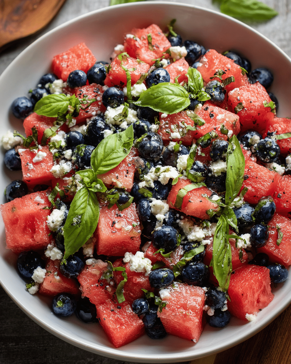 Watermelon feta salad with blueberries served fresh