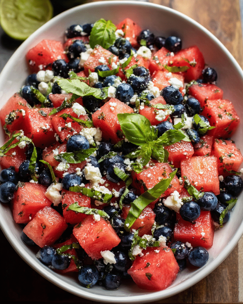 Watermelon feta salad with blueberries served fresh