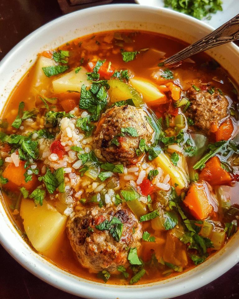 Albondigas soup in rustic kitchen setting
