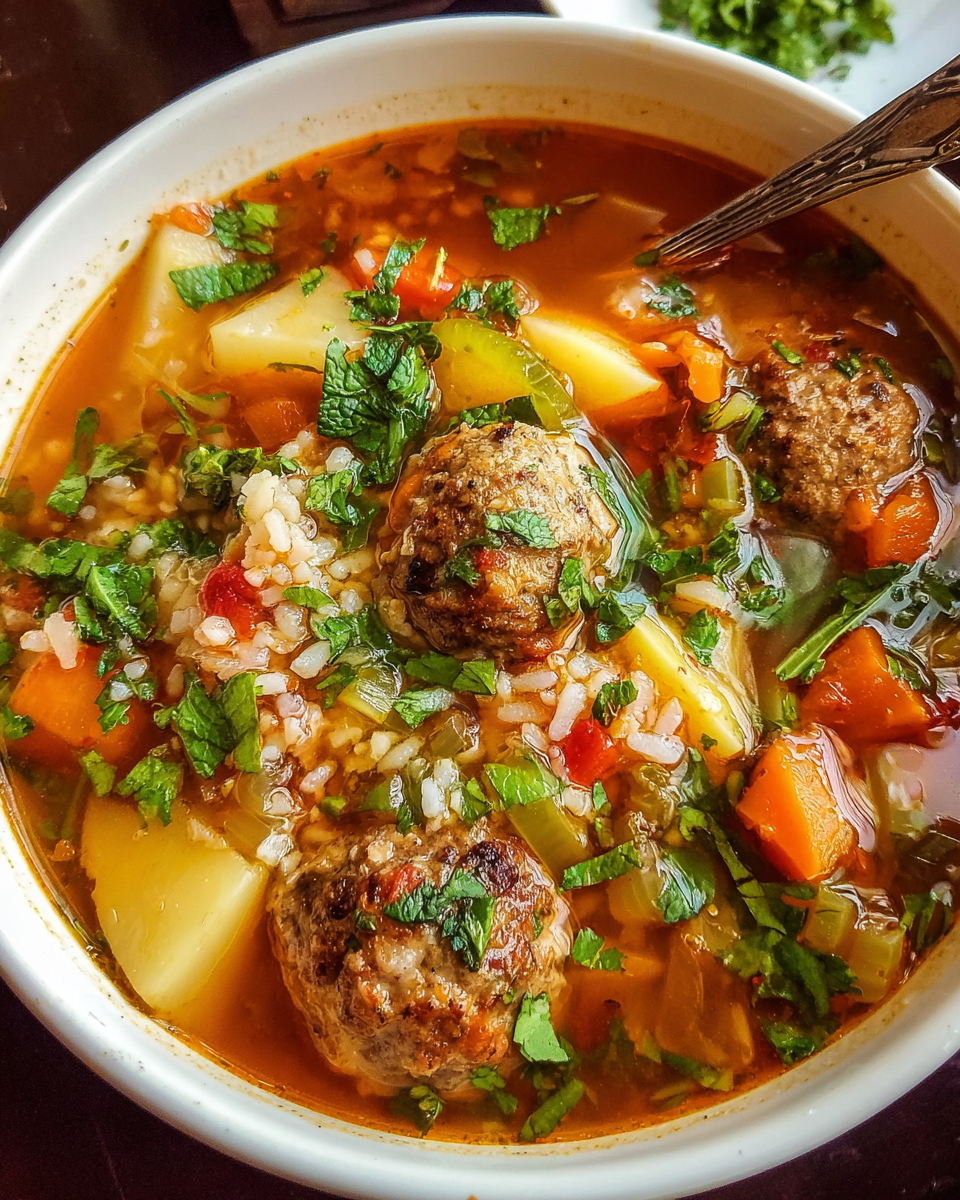 Albondigas soup in rustic kitchen setting