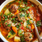 Albondigas soup in rustic kitchen setting